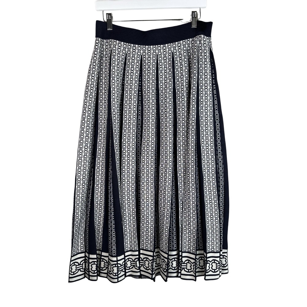 Tory Burch "Link" pleated Knit Skirt XL in Navy/Off White Midi